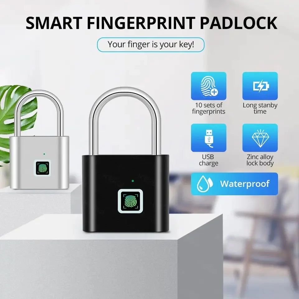 HEE RAK Keyless USB Charging Fingerprint Lock Smart Padlock Waterproof Door Lock 0.2sec Unlock Portable Anti-theft Padlock Zinc