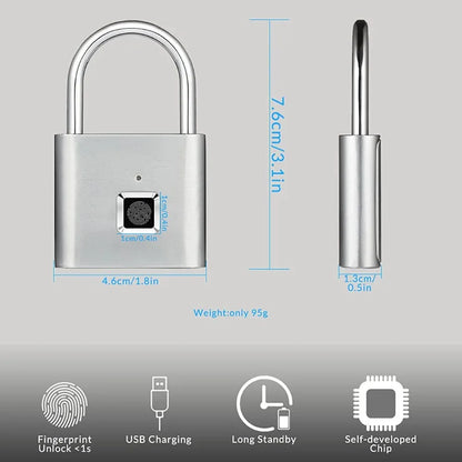 HEE RAK Keyless USB Charging Fingerprint Lock Smart Padlock Waterproof Door Lock 0.2sec Unlock Portable Anti-theft Padlock Zinc